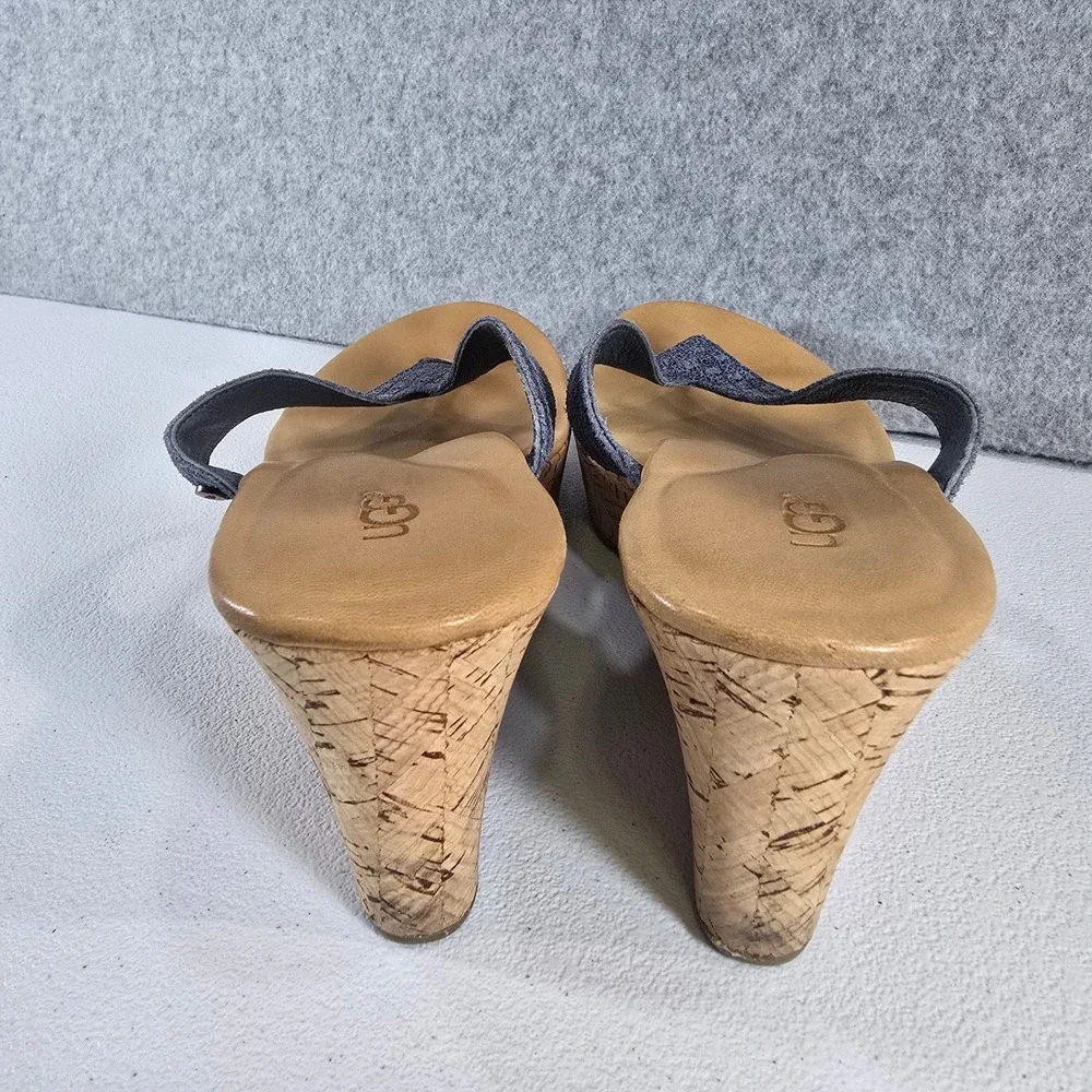 UGG Australia Lucianna Mar Blue Metallic Leather Cork Wedge Sandals 1011000 8.5